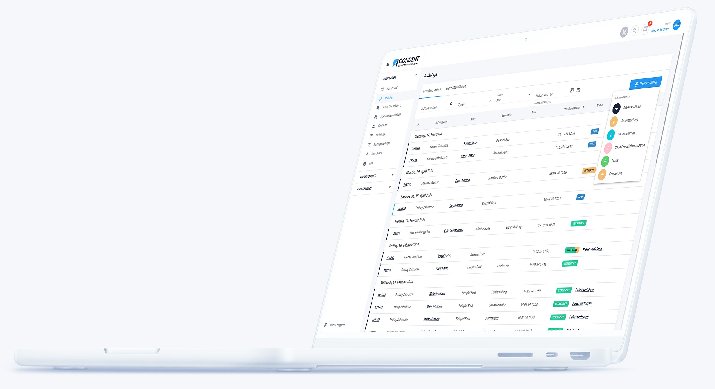 Condent Dentallabor Software Neuer Auftrag Erfassen