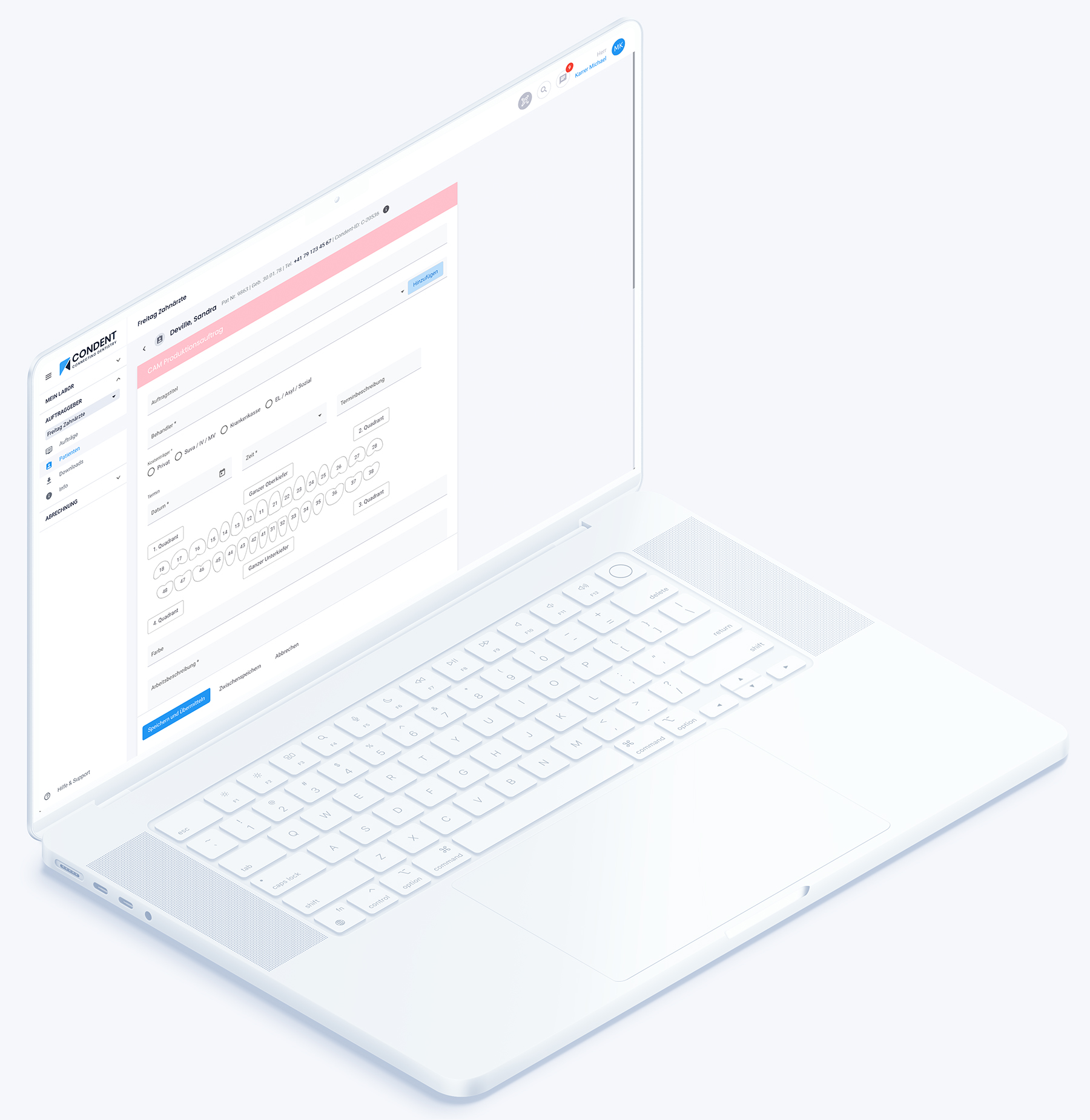 Condent Dentallabor Software CAM Produktioinsauftrag Erfassen 01