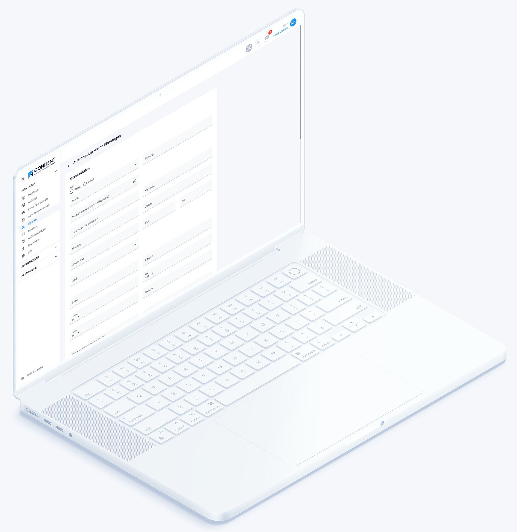 Condent Dentallabor Software Neuer Auftraggeber Erfassen