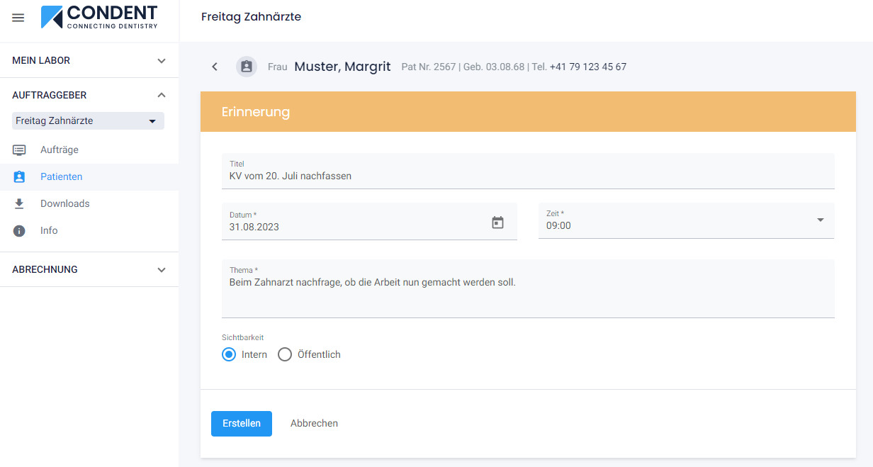 Erinnerung In Condent Dentallaborsoftware