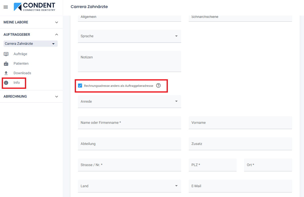 Rechnungsadresse Weicht Von Auftraggeberadresse Ab Bei Condent Dentallabor Software
